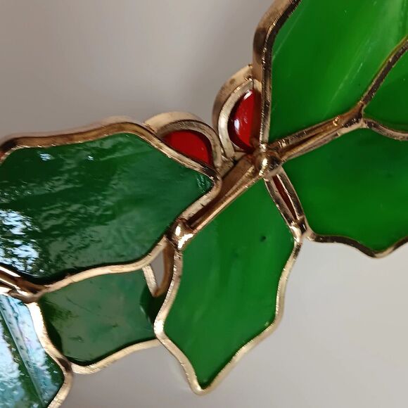 Vintage Stained Glass Christmas Holly Wreath Ornament Handmade Suncatcher 10 in - Picture 7 of 12